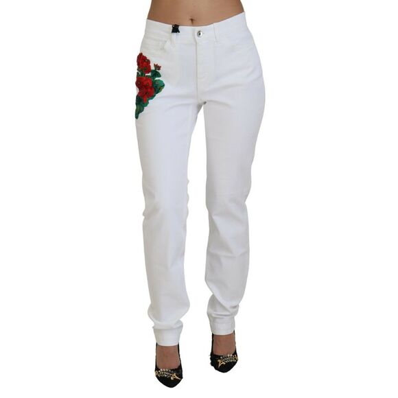 Dolce & Gabbana White Floral Embroidery Skinny Denim Women's Jeans